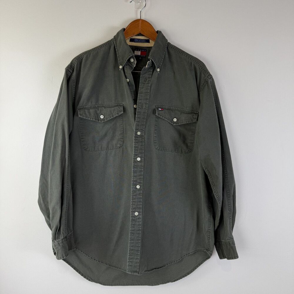 Vintage 90s Y2K Tommy Hilfiger Cotton Canvas Button Down Shirt Olive Green, M
